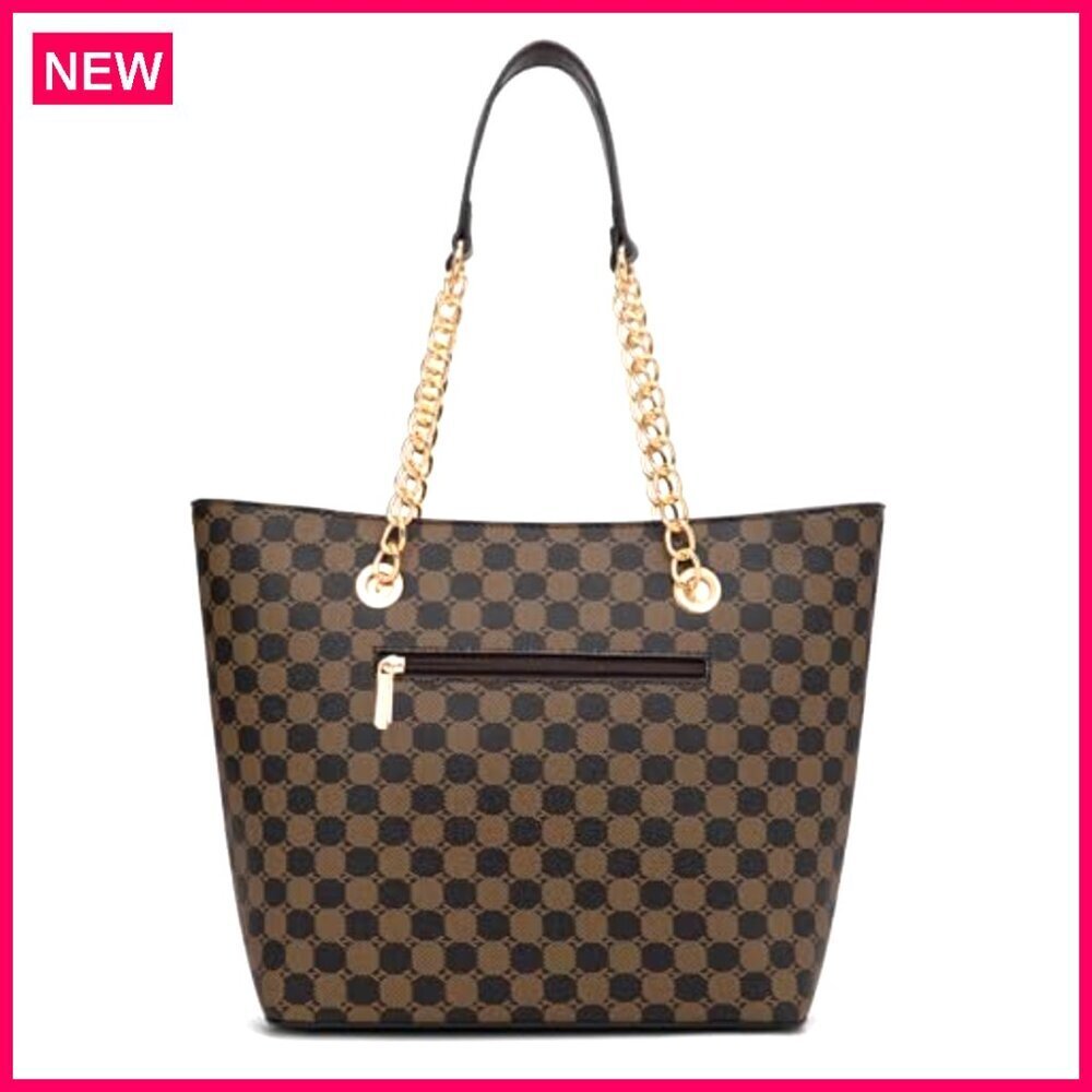 Large Vegan Leather Tote Bag with Chain Handle for Women Work Travel - Picture 7 of 8